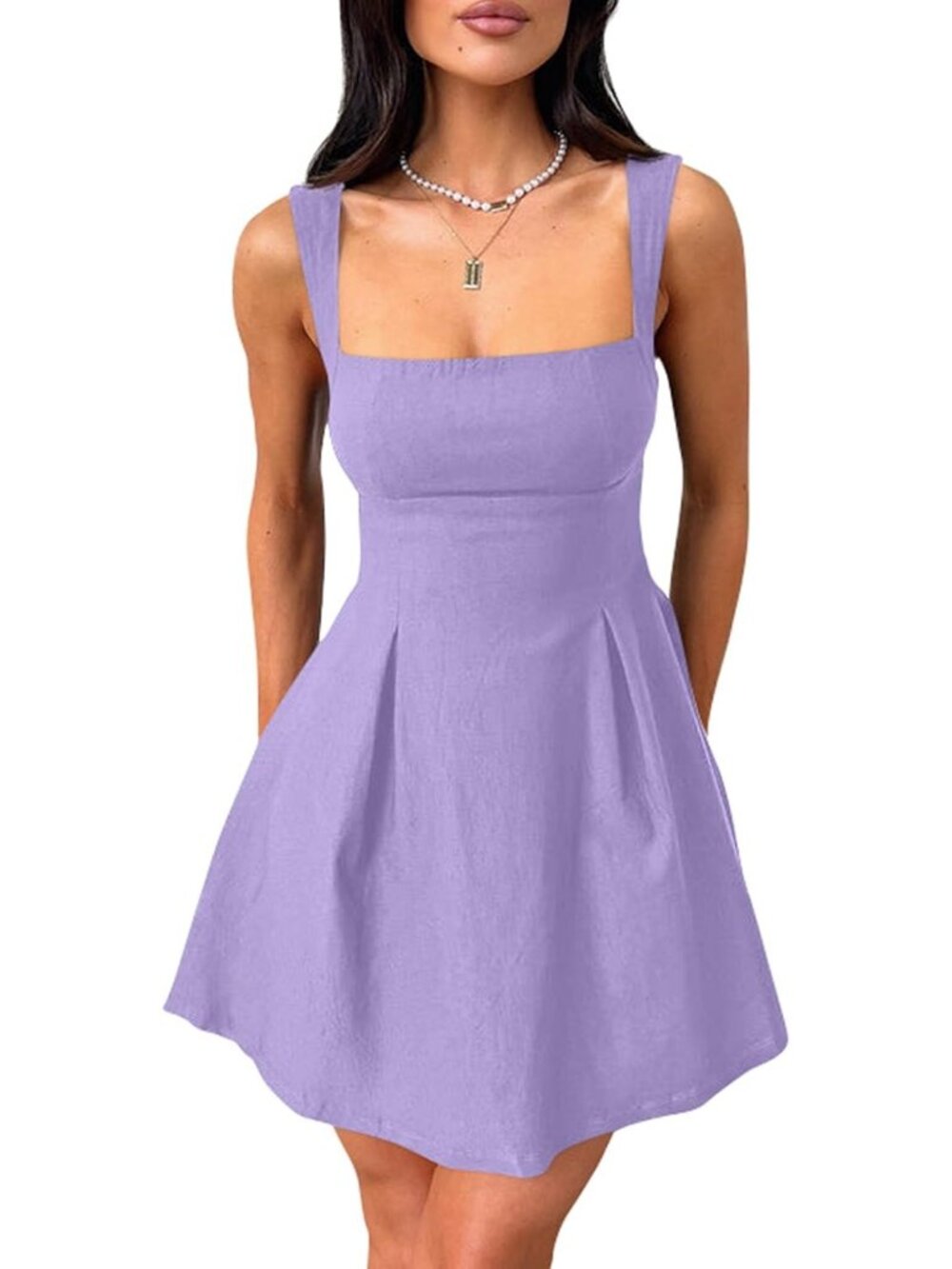 Women's Mini Dress Violet Square Neck Sleeveless A LINE Strap Summer Comfort